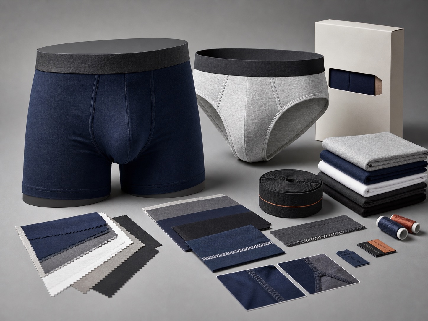 Studio lit custom socks, yarn cones and product specification sheets