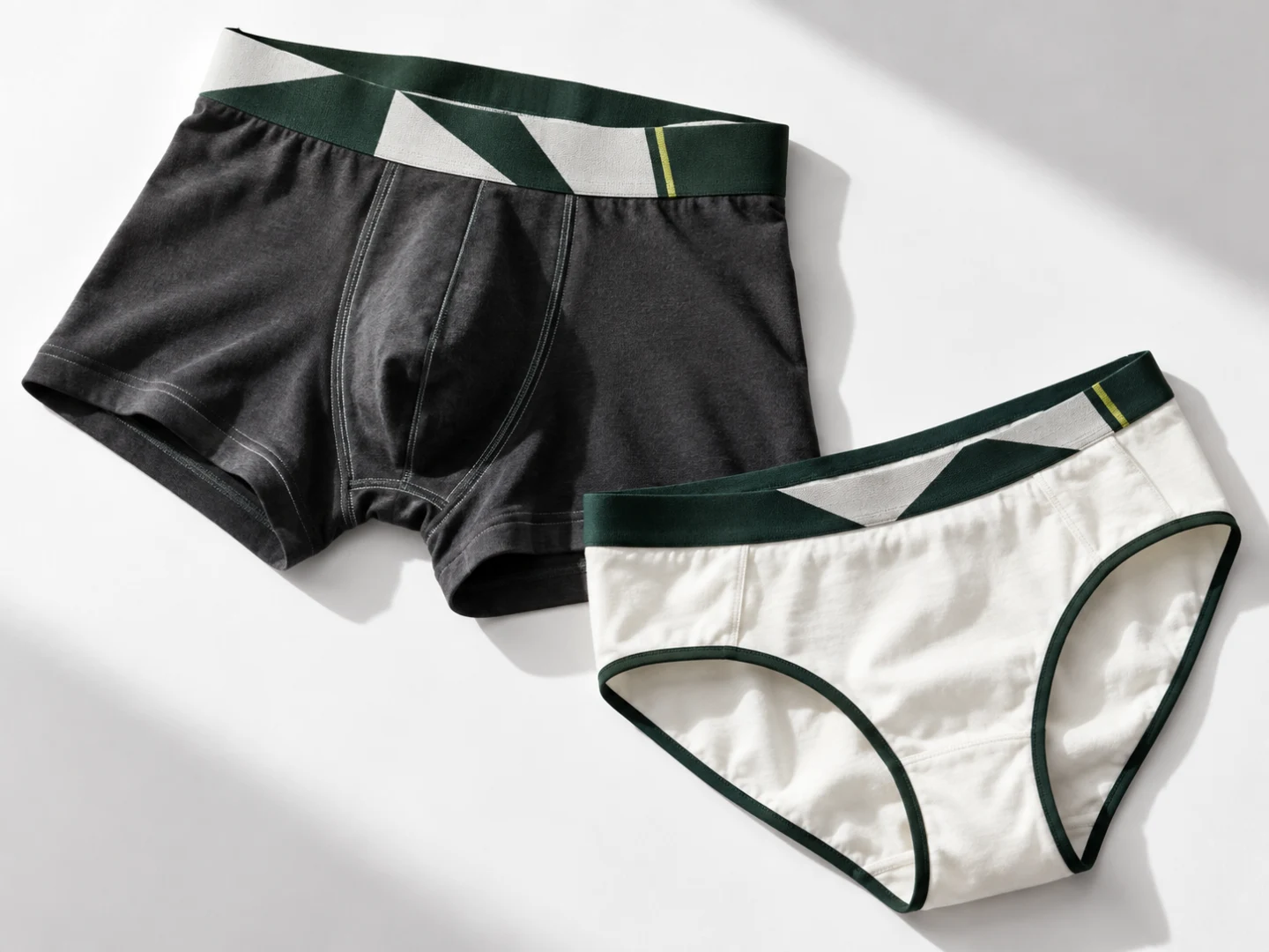 Original men's and women's underwear collection concept with coordinated jacquard waistbands and contrast binding