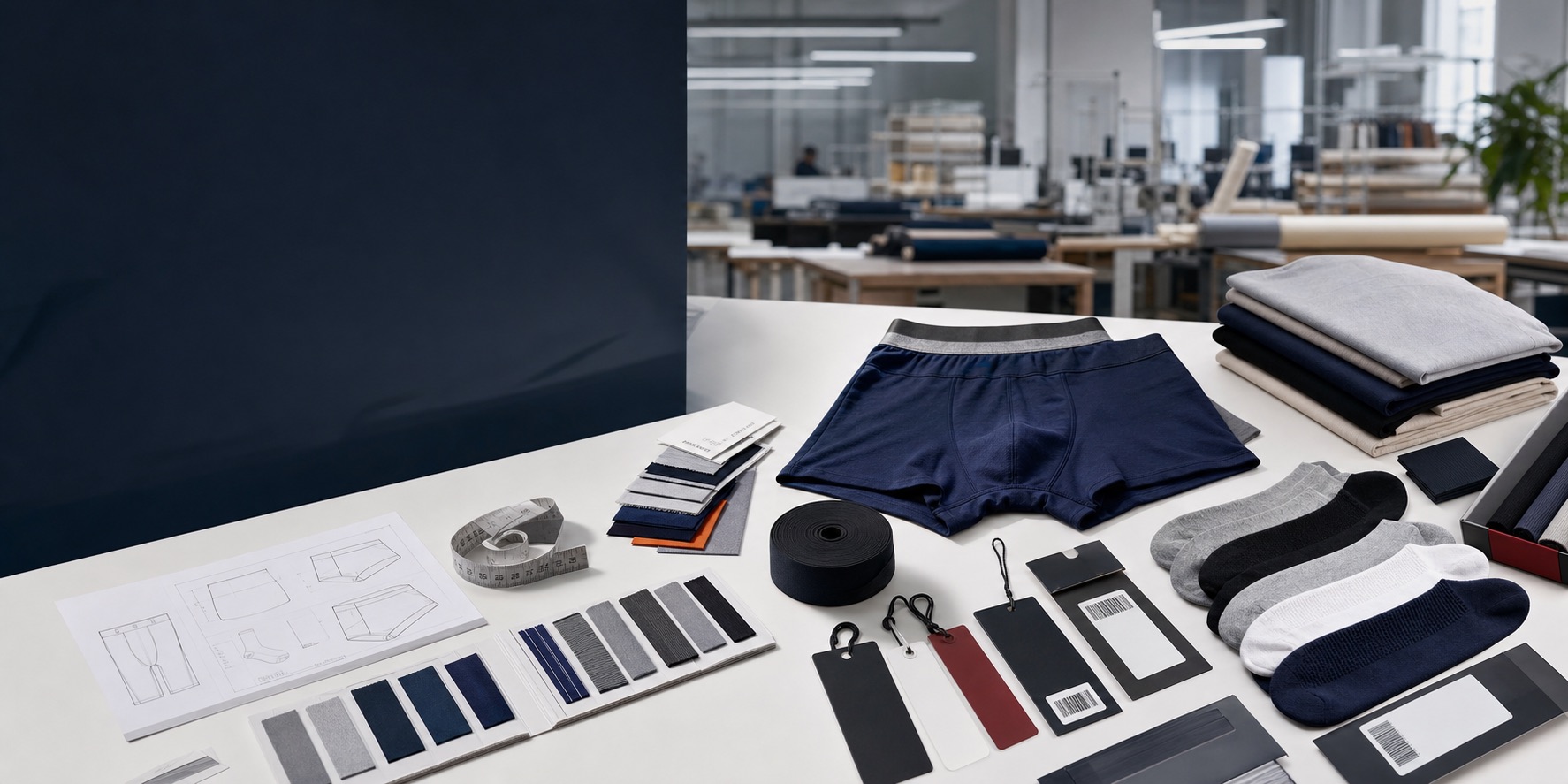 Hanlong sourcing table with underwear, socks, trims and tech pack drawings