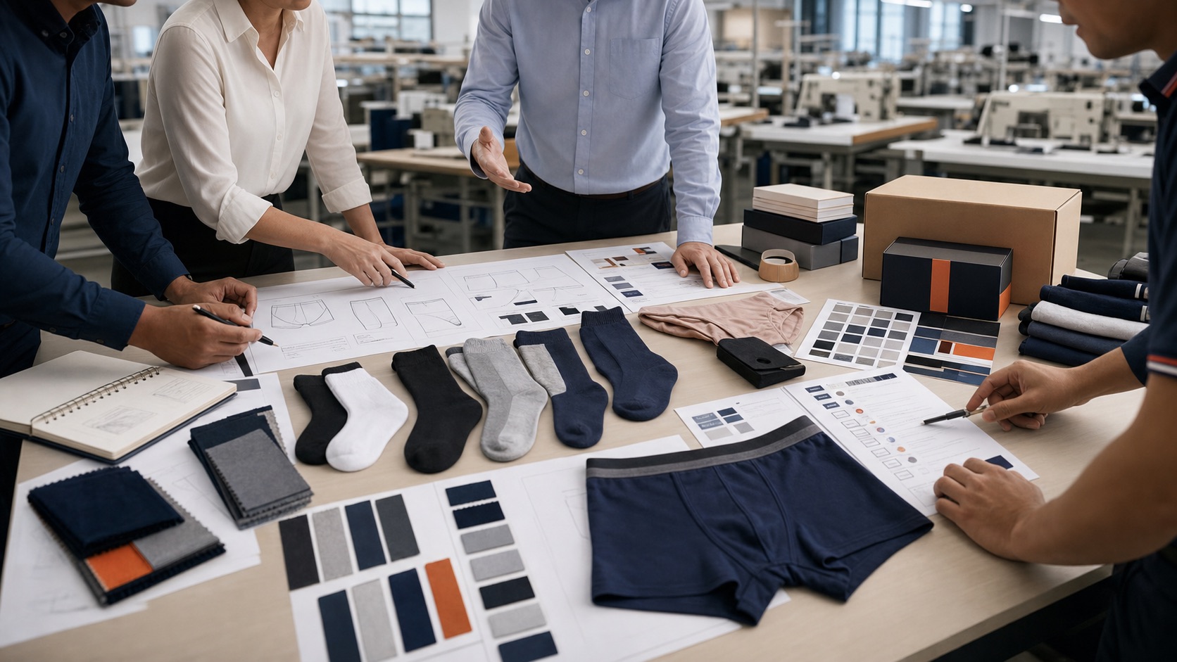 Buyers reviewing process documents, swatches and product samples