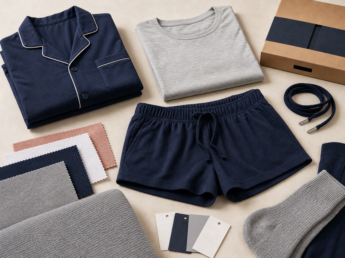 Folded sleepwear basics, fabric swatches and neutral studio styling